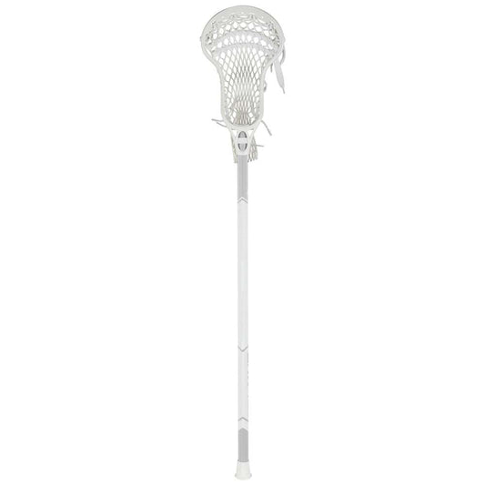 White lacrosse stick with attached mesh pocket head and cylindrical shaft