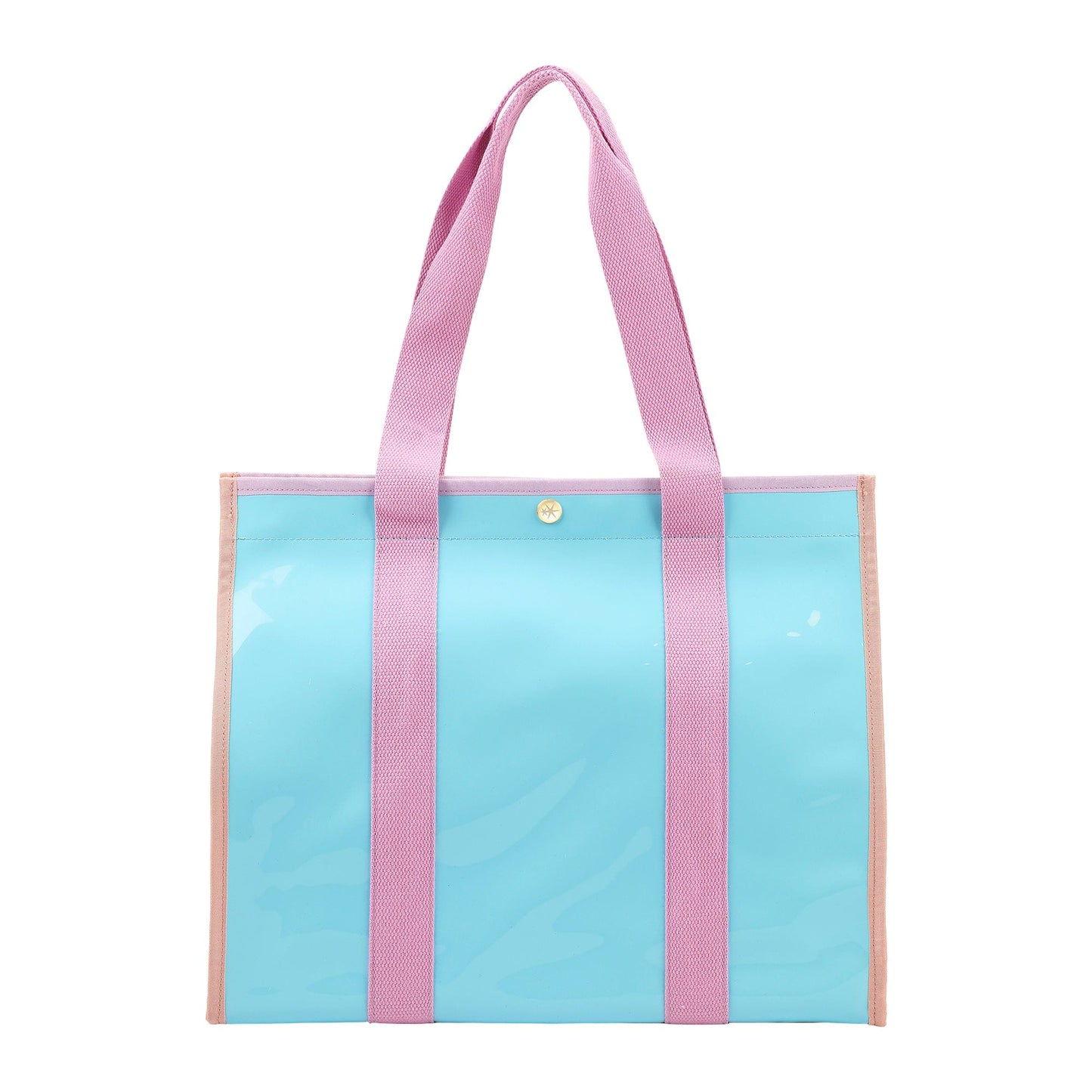 Colorblock Vinyl Tote Bag | Teal Vinyl + Canvas Straps | Wipe-Clean | 16” × 13” | Packed Party