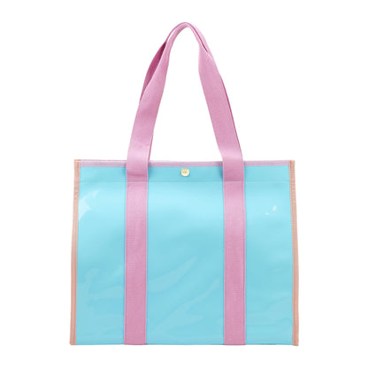 Colorblock Vinyl Tote Bag | Teal Vinyl + Canvas Straps | Wipe-Clean | 16” × 13” | Packed Party
