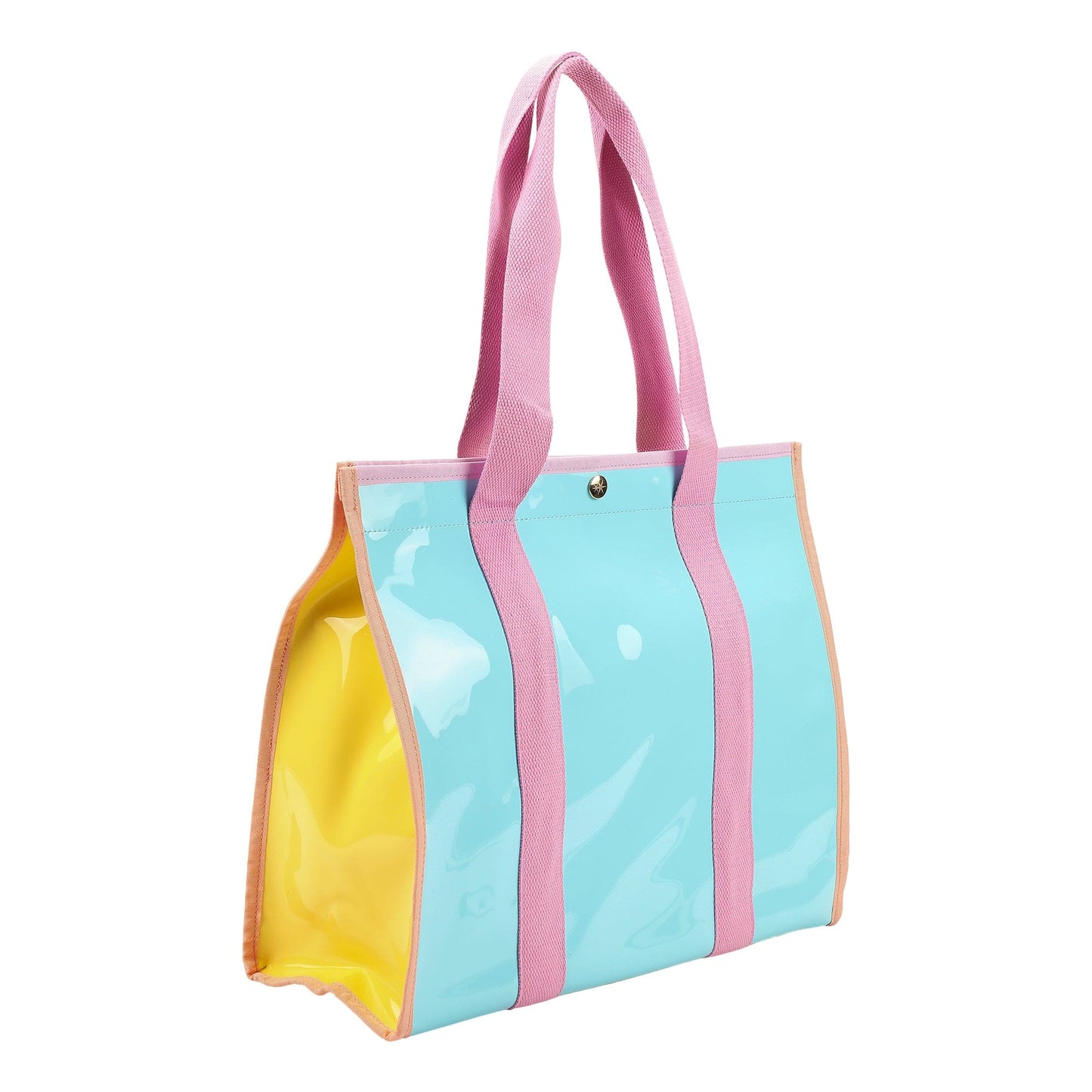 Colorblock Vinyl Tote Bag | Teal Vinyl + Canvas Straps | Wipe-Clean | 16” × 13” | Packed Party