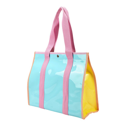 Colorblock Vinyl Tote Bag | Teal Vinyl + Canvas Straps | Wipe-Clean | 16” × 13” | Packed Party