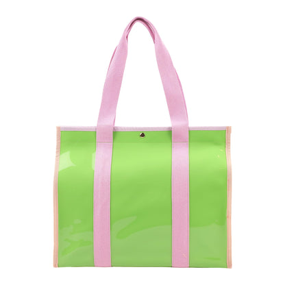 Colorblock Vinyl Tote Bag | Teal Vinyl + Canvas Straps | Wipe-Clean | 16” × 13” | Packed Party