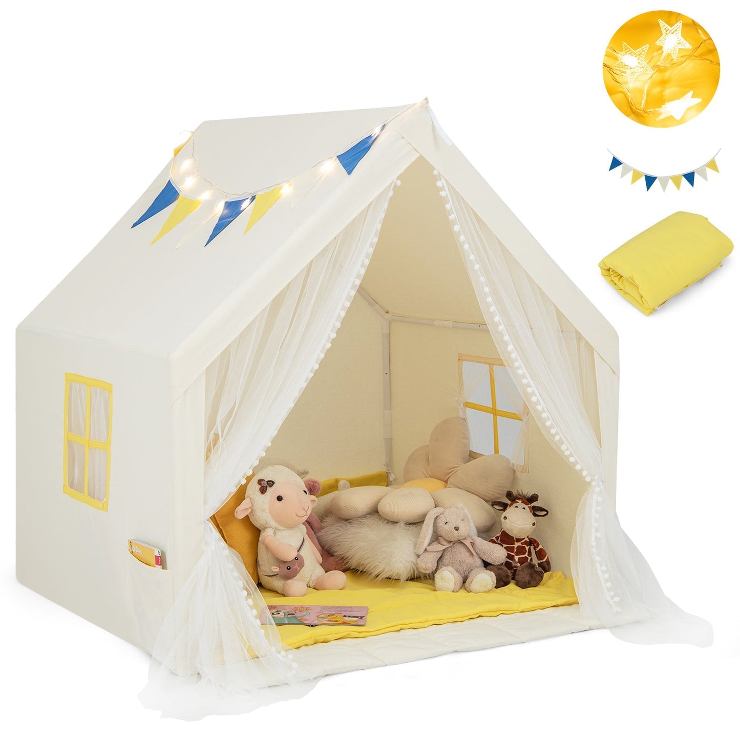Kids Large Play Tent | 48”×42”×50” | Washable Cotton Mat | Star Lights | ASTM & CPSIA | Beige or Blue