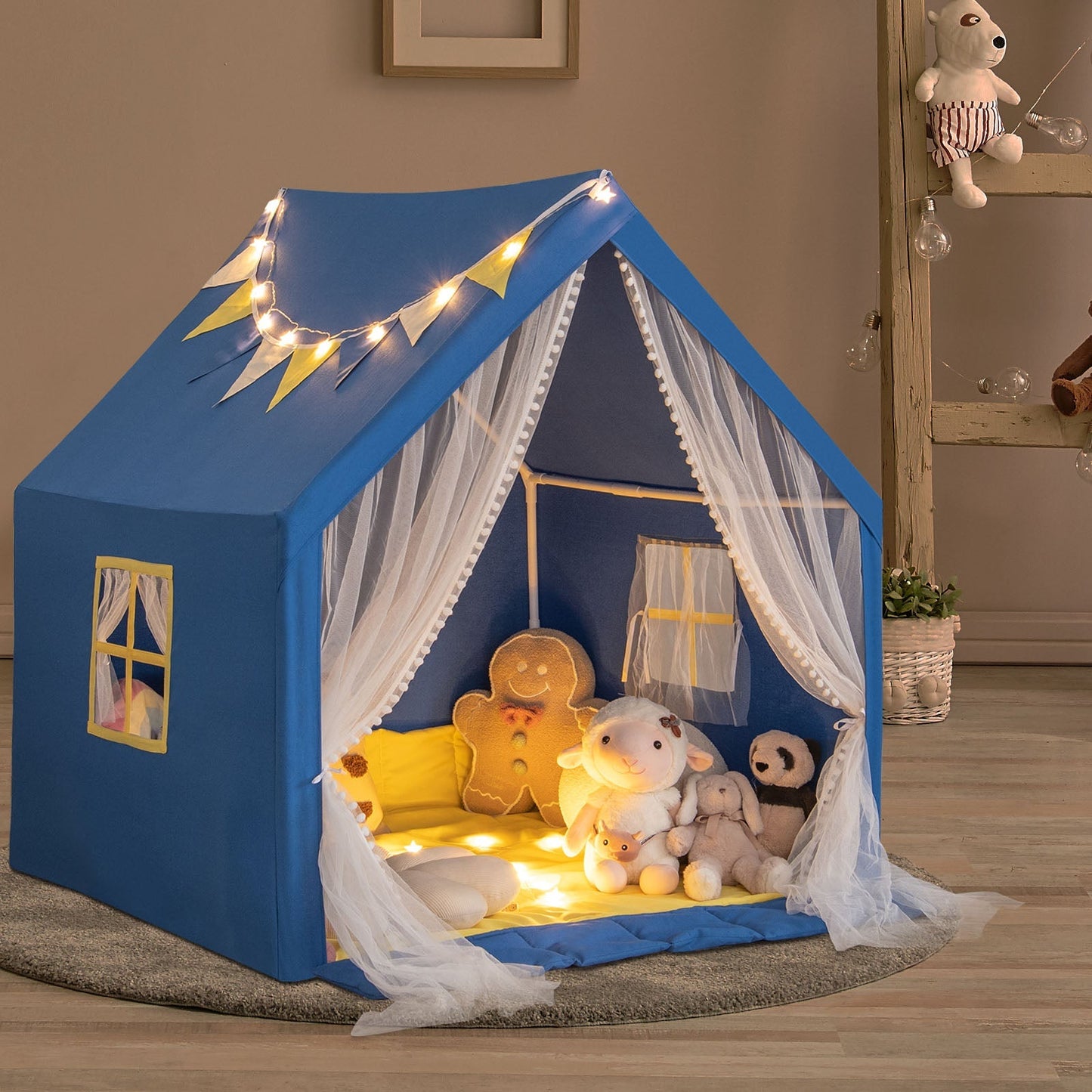 Kids Large Play Tent | 48”×42”×50” | Washable Cotton Mat | Star Lights | ASTM & CPSIA | Beige or Blue