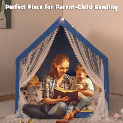 Kids Large Play Tent | 48”×42”×50” | Washable Cotton Mat | Star Lights | ASTM & CPSIA | Beige or Blue