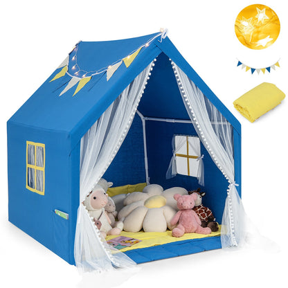 Kids Large Play Tent | 48”×42”×50” | Washable Cotton Mat | Star Lights | ASTM & CPSIA | Beige or Blue