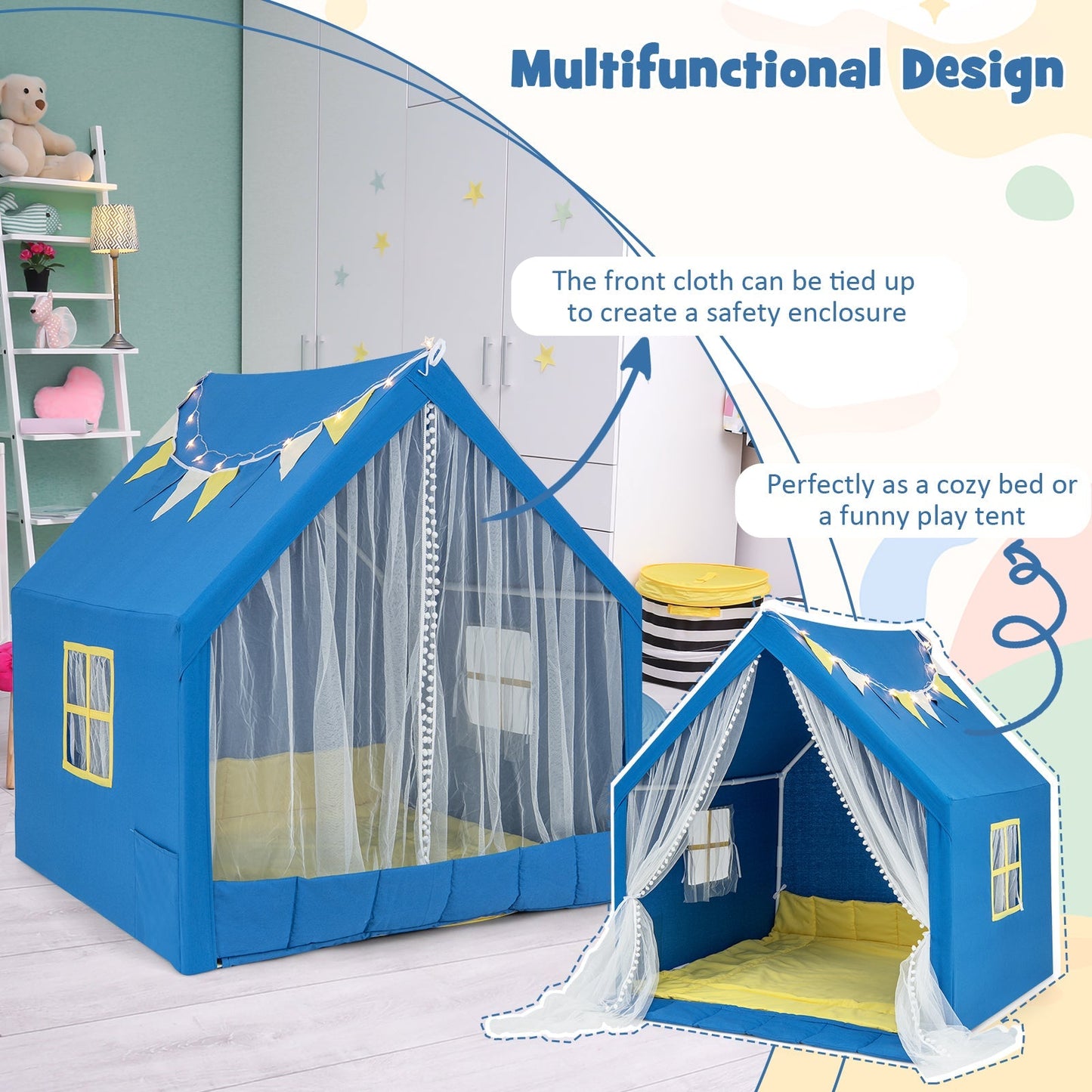 Kids Large Play Tent | 48”×42”×50” | Washable Cotton Mat | Star Lights | ASTM & CPSIA | Beige or Blue