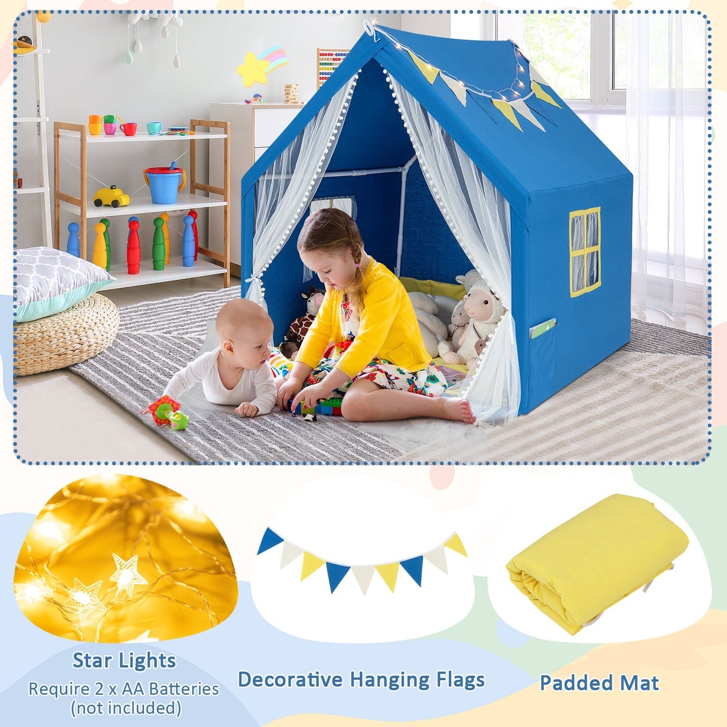 Kids Large Play Tent | 48”×42”×50” | Washable Cotton Mat | Star Lights | ASTM & CPSIA | Beige or Blue