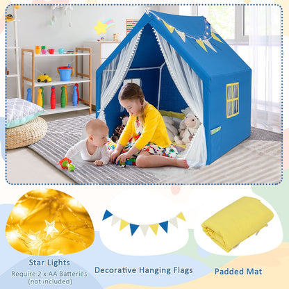 Kids Large Play Tent | 48”×42”×50” | Washable Cotton Mat | Star Lights | ASTM & CPSIA | Beige or Blue