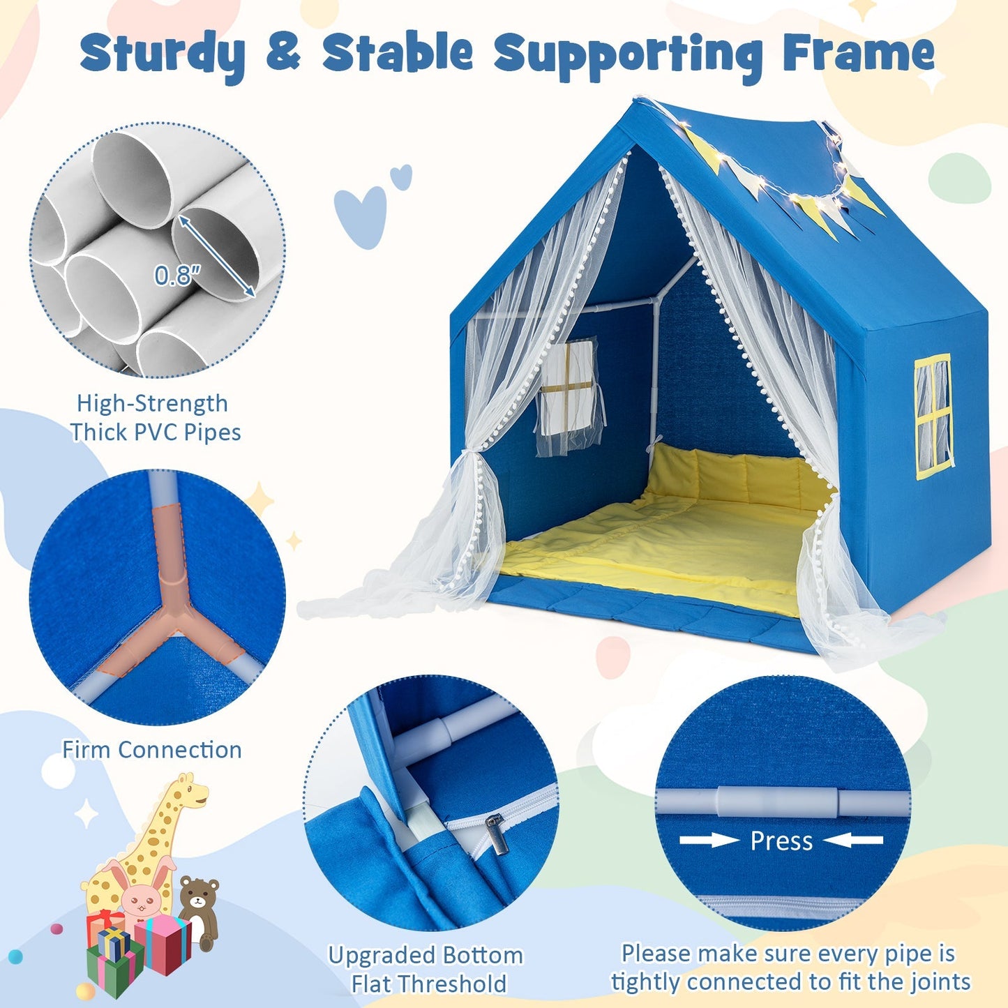 Kids Large Play Tent | 48”×42”×50” | Washable Cotton Mat | Star Lights | ASTM & CPSIA | Beige or Blue