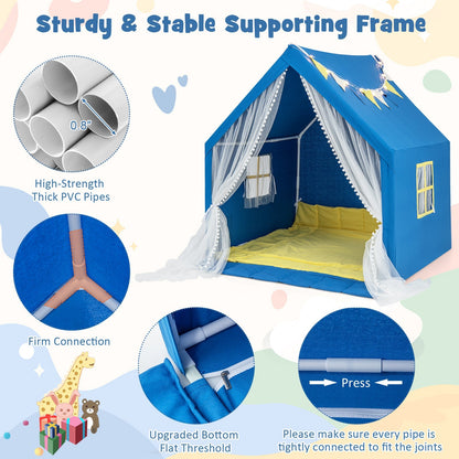 Kids Large Play Tent | 48”×42”×50” | Washable Cotton Mat | Star Lights | ASTM & CPSIA | Beige or Blue