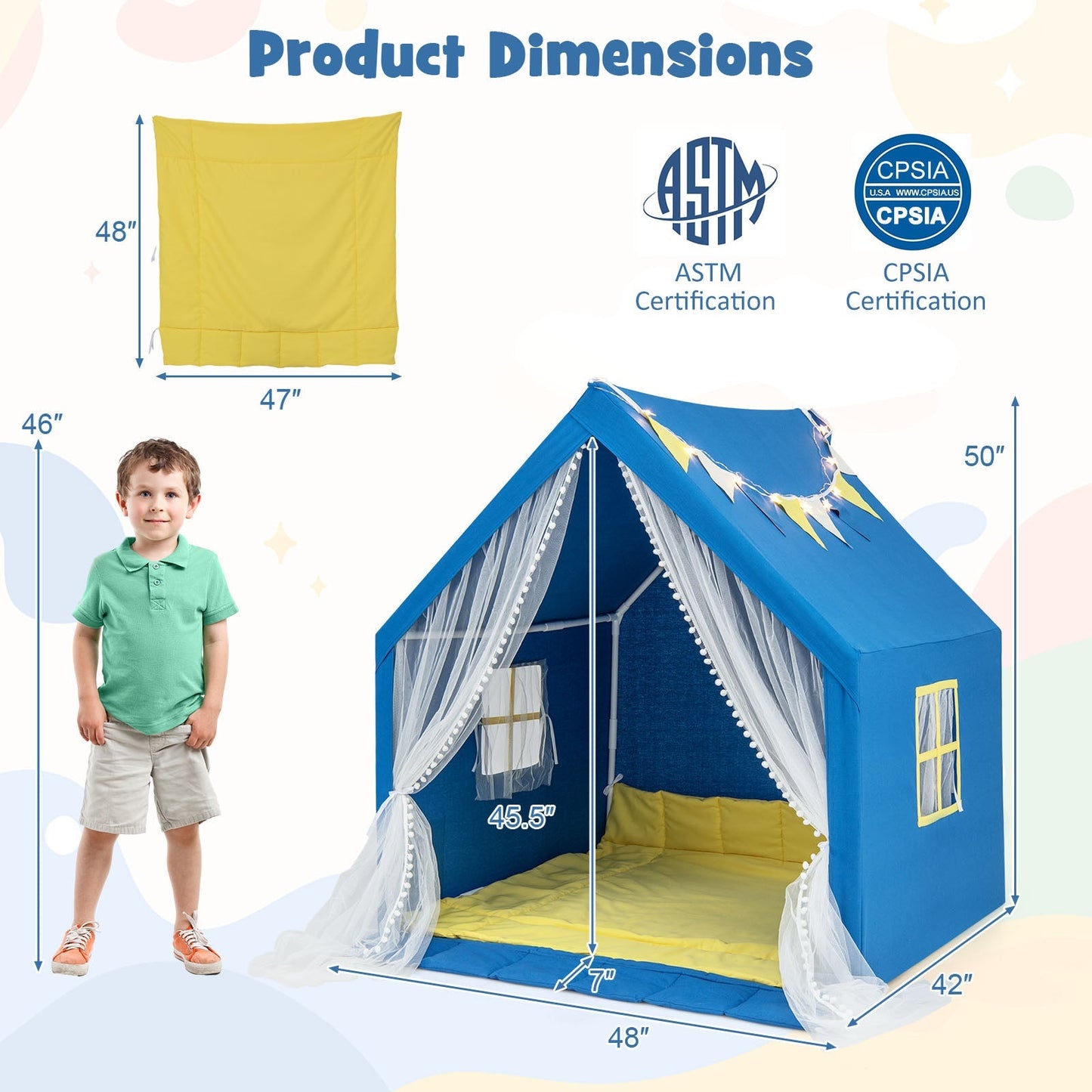 Kids Large Play Tent | 48”×42”×50” | Washable Cotton Mat | Star Lights | ASTM & CPSIA | Beige or Blue