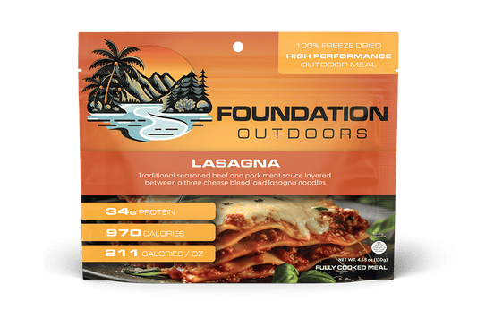 Foundation Outdoors lasagna freeze-dried outdoor meal pouch, orange package with graphics