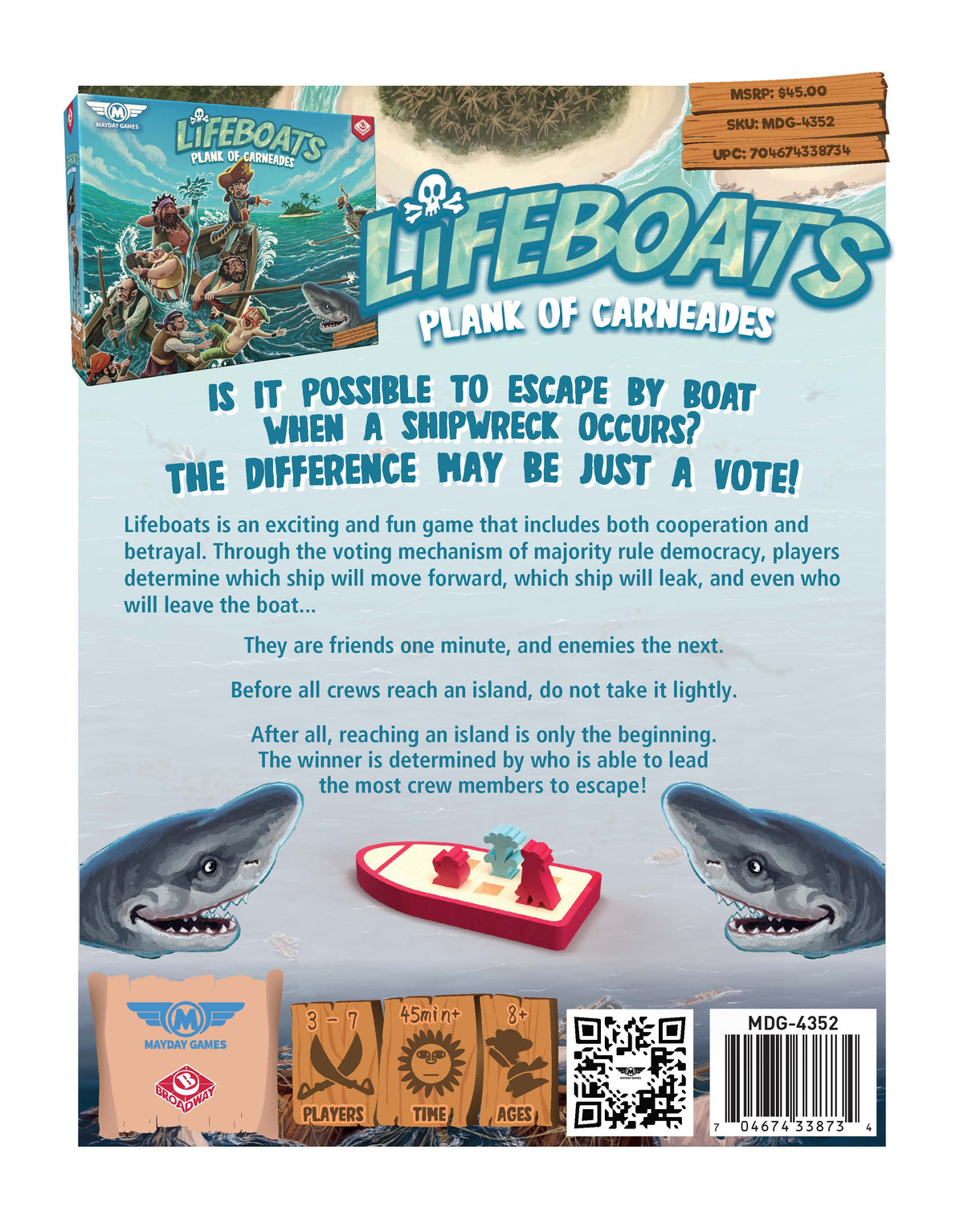 Lifeboats board game back of box with voting explanation and shark illustrations