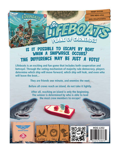 Lifeboats board game back of box with voting explanation and shark illustrations