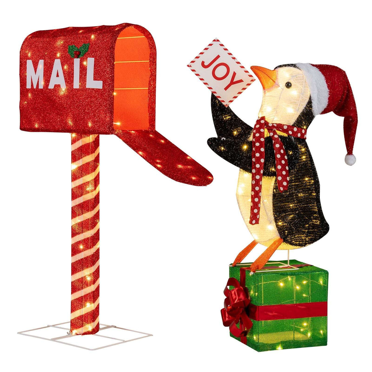 Lighted Christmas mailbox and penguin set with warm white lights and gift box base