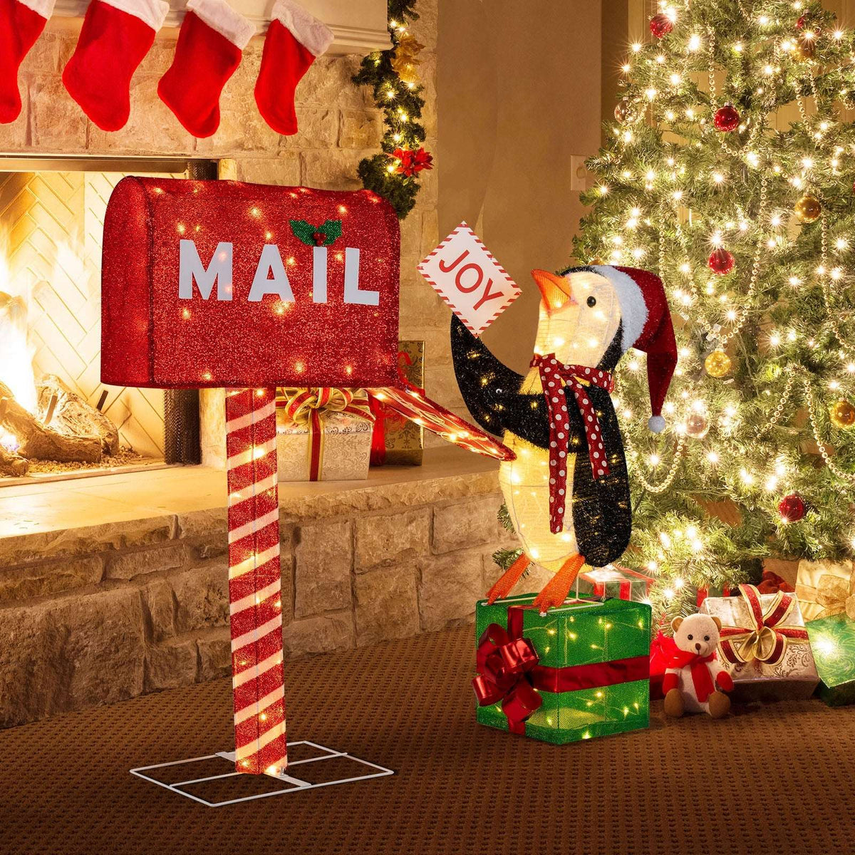 Lighted Christmas mailbox and penguin decoration with red and green gift box base