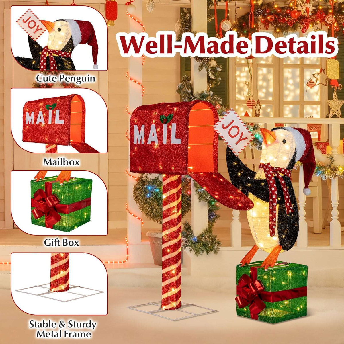 Christmas mailbox and penguin decoration featuring a metal frame, gift box, and scarf details