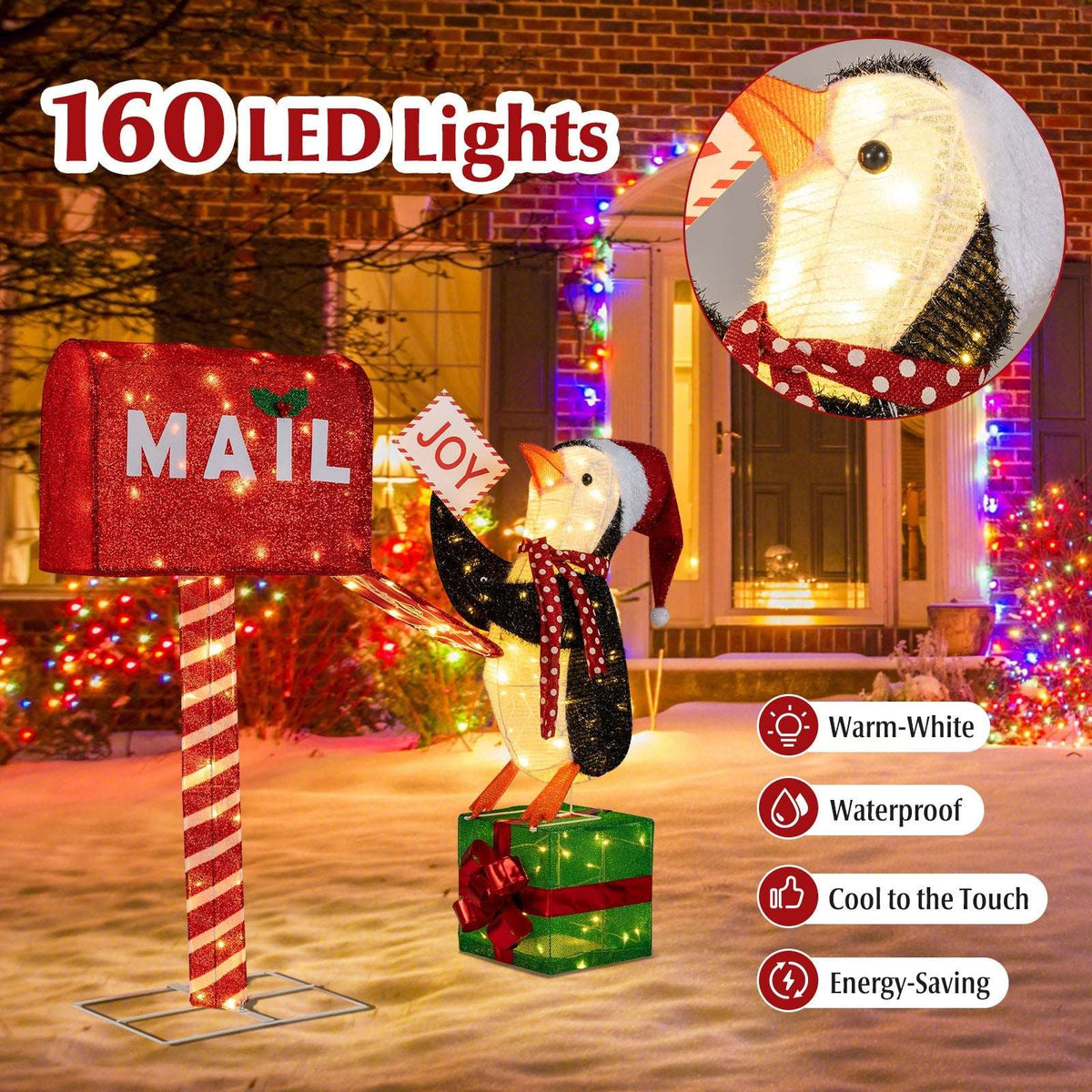 Lighted Christmas mailbox and penguin decoration with 160 warm white LED lights