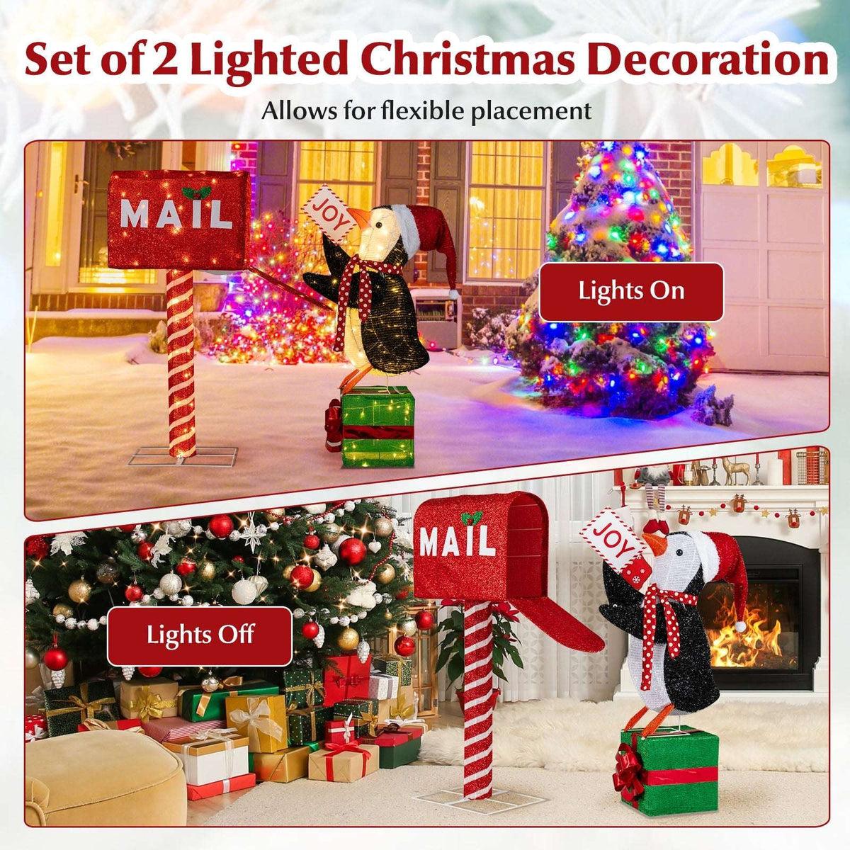 Lighted Christmas mailbox and penguin decoration set shown with lights on and off