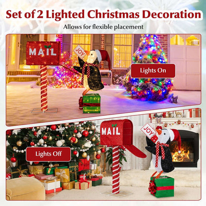 Lighted Christmas mailbox and penguin decoration set shown with lights on and off
