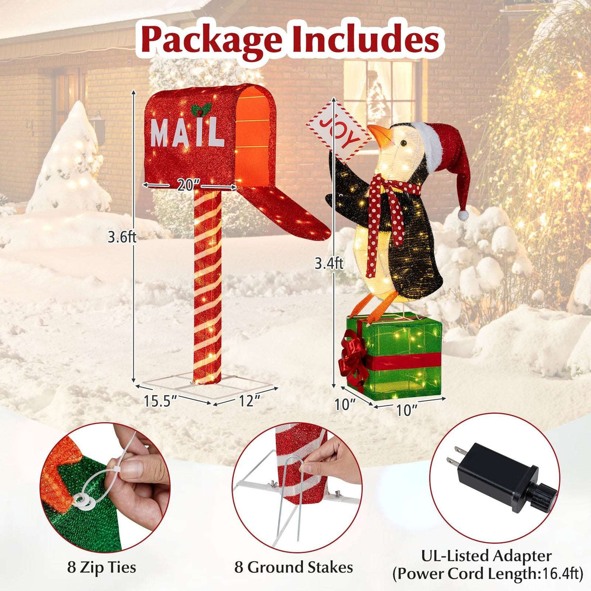 Christmas mailbox and penguin decoration set with dimensions and included stakes, ties, and adapter