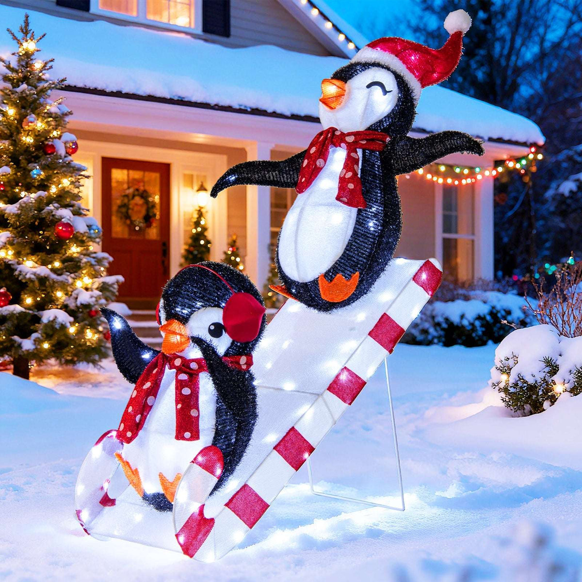 Pre-lit Christmas penguin decoration with two penguins on a red-and-white slide