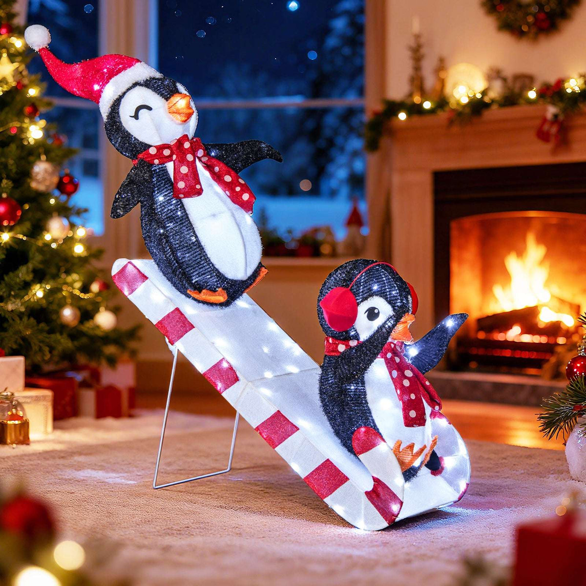 Illuminated penguin Christmas decoration with two penguins sliding on a candy-striped ramp