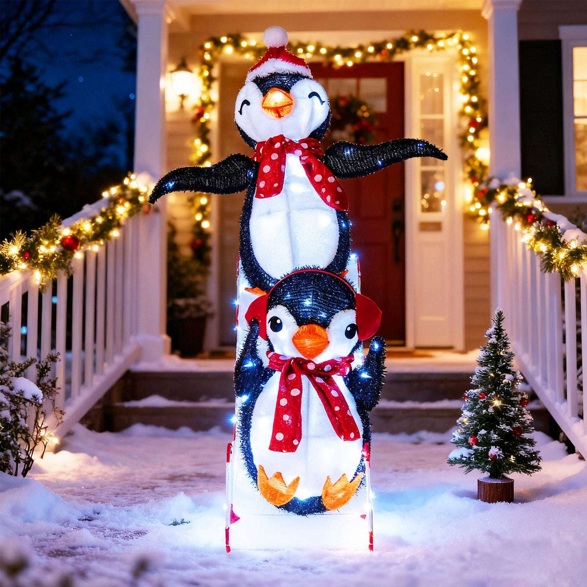 Lighted Christmas penguin decoration with one penguin seated atop another