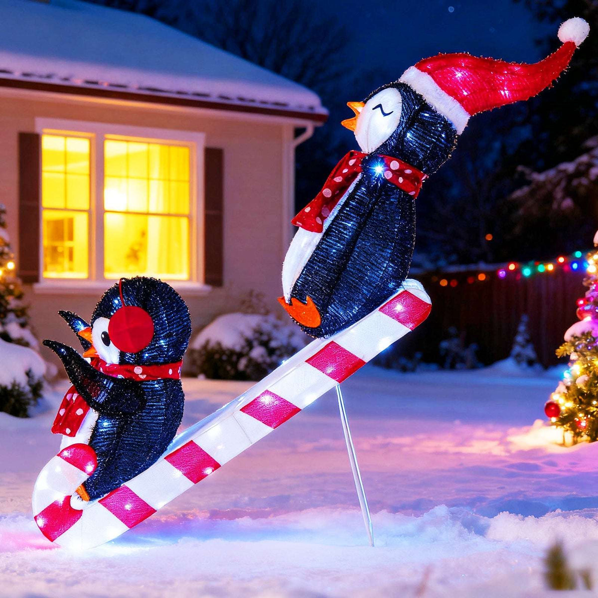 Side view of illuminated penguins sliding down a red-and-white ramp