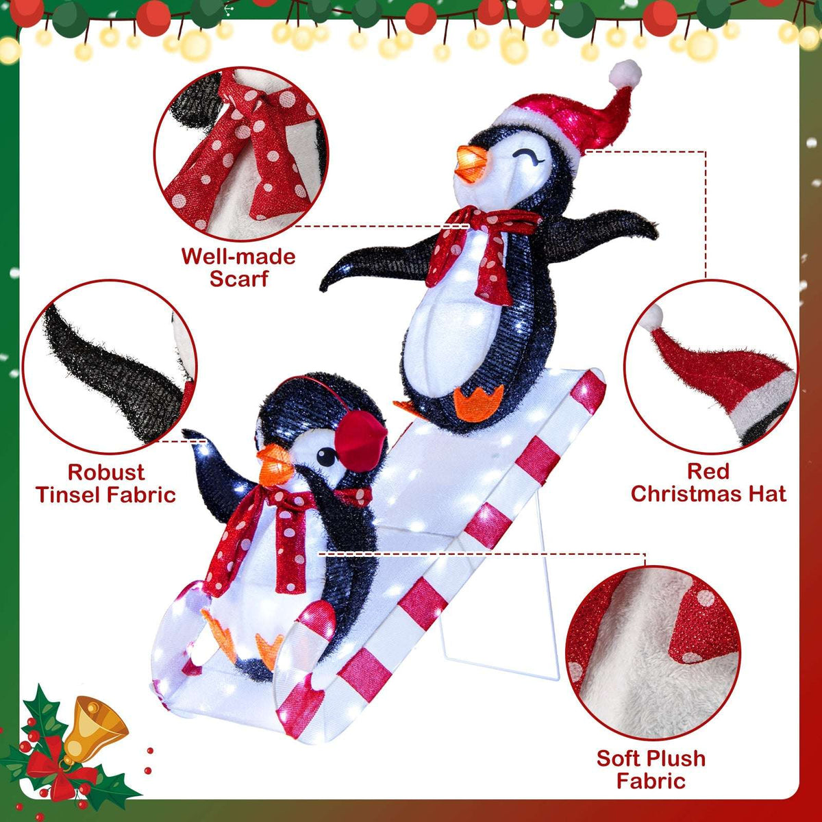 Pre-lit penguin decoration with plush fabric, red scarves, and Santa hats