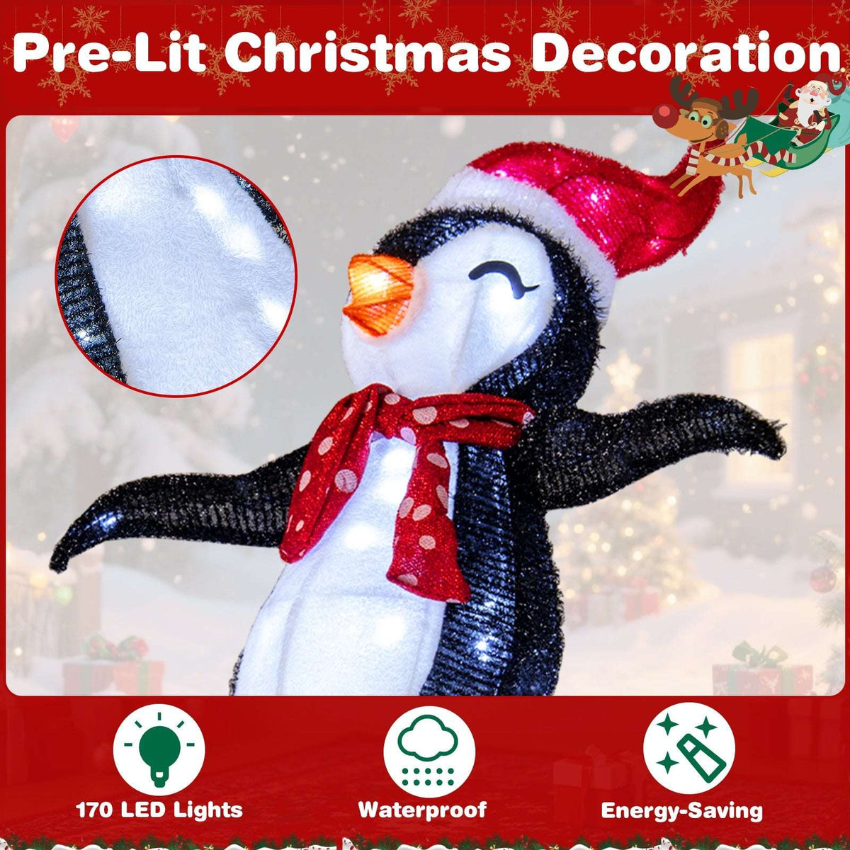 Close-up of a lighted penguin decoration showing its red scarf, Santa hat, and 170 LEDs