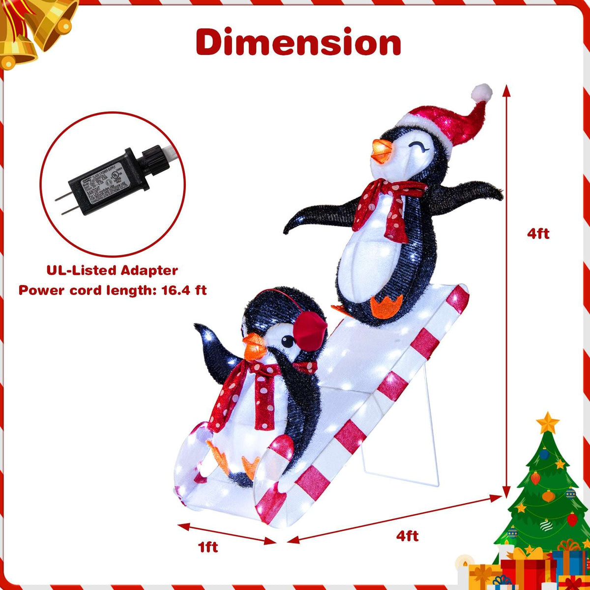 Pre-lit penguin slide decoration, 4 feet tall and 4 feet long, with power adapter