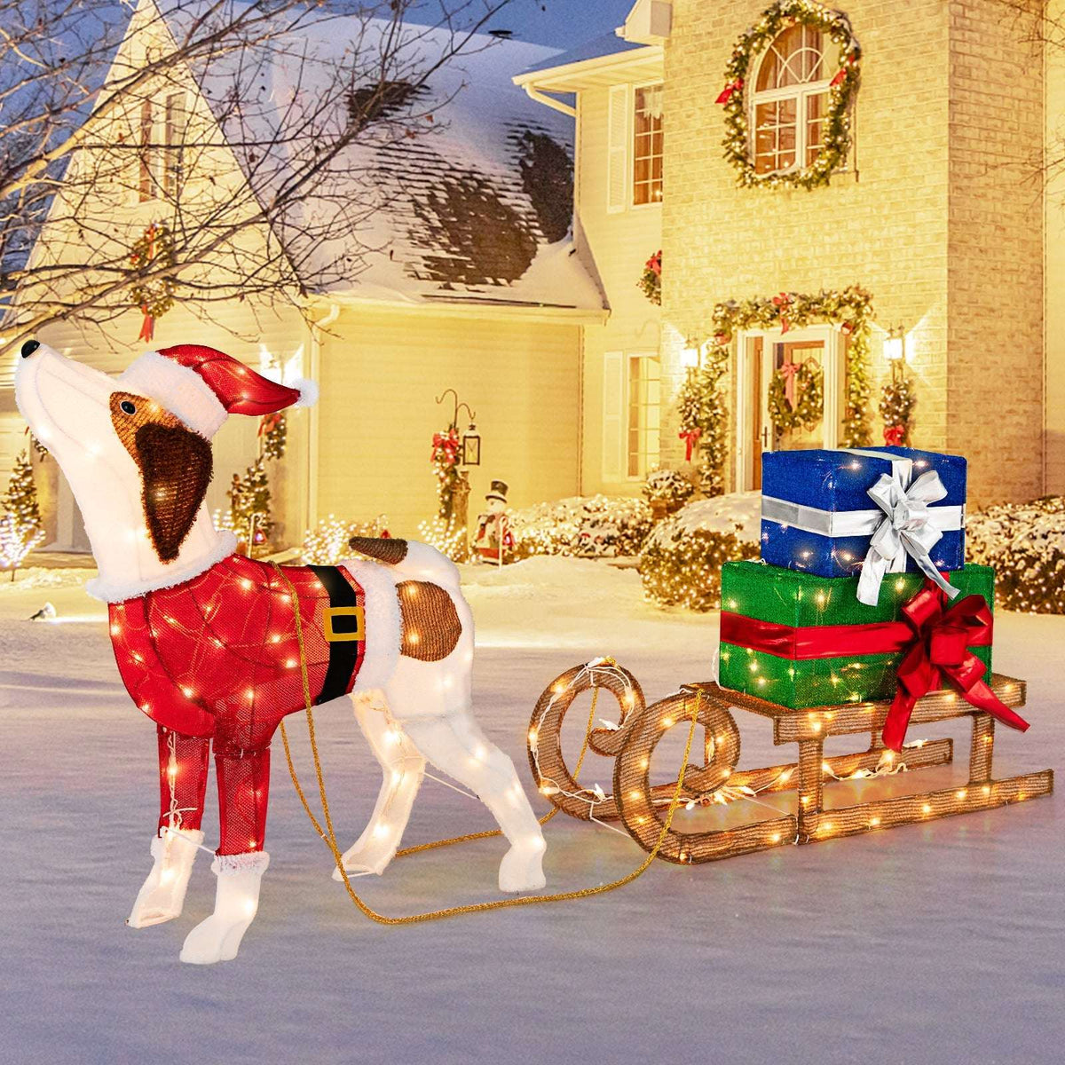 Pre-lit Christmas dog and sleigh decoration with wrapped gifts and glowing LED lights