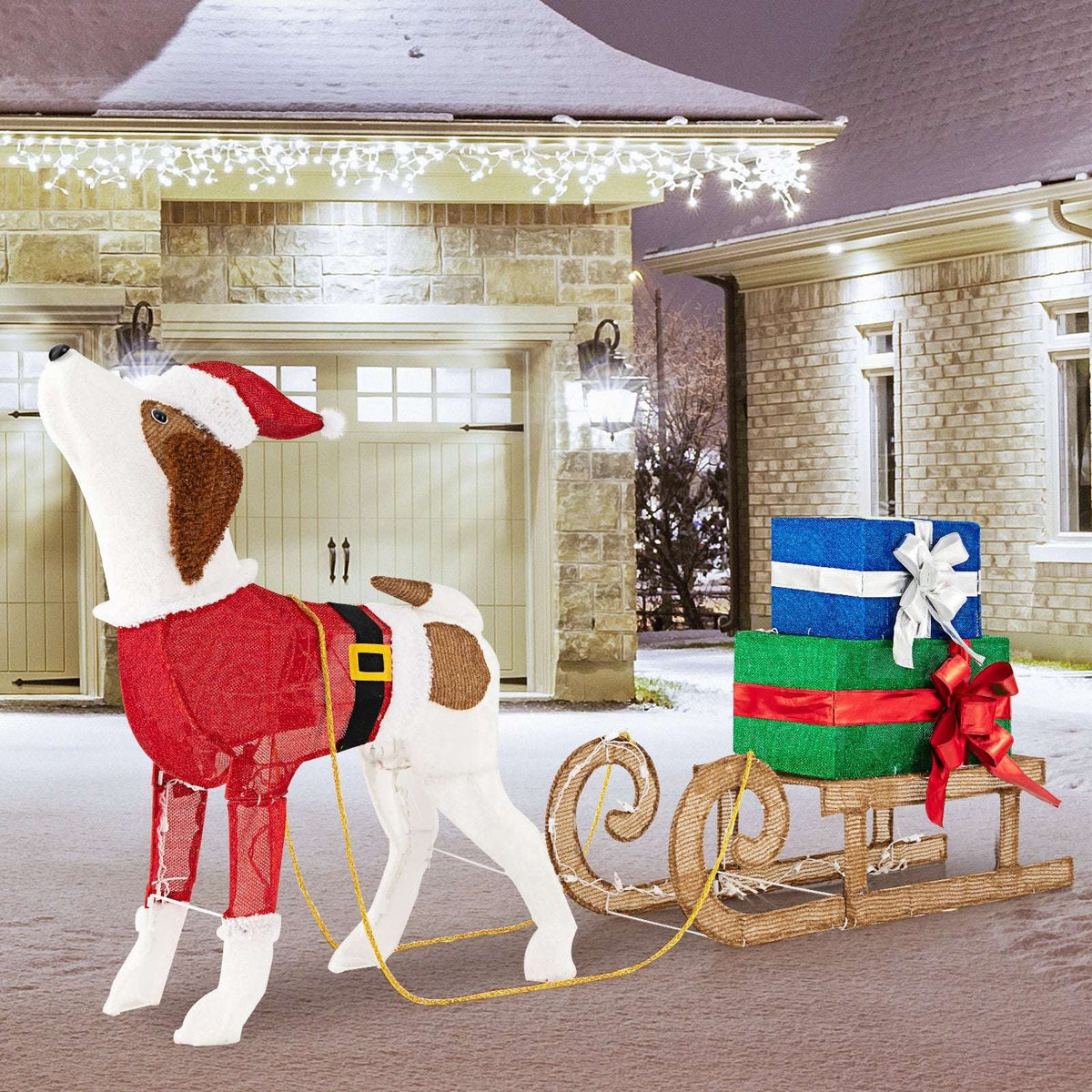 Christmas dog and gift-filled sleigh decoration, shown with a red Santa coat and glowing lights