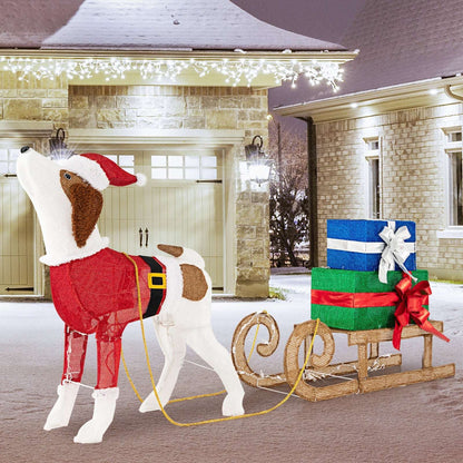 Christmas dog and gift-filled sleigh decoration, shown with a red Santa coat and glowing lights