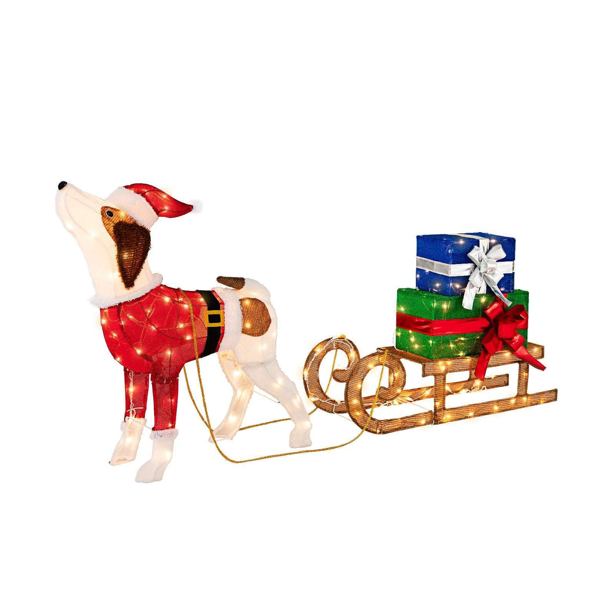 Illuminated dog and sleigh Christmas decoration with stacked presents
