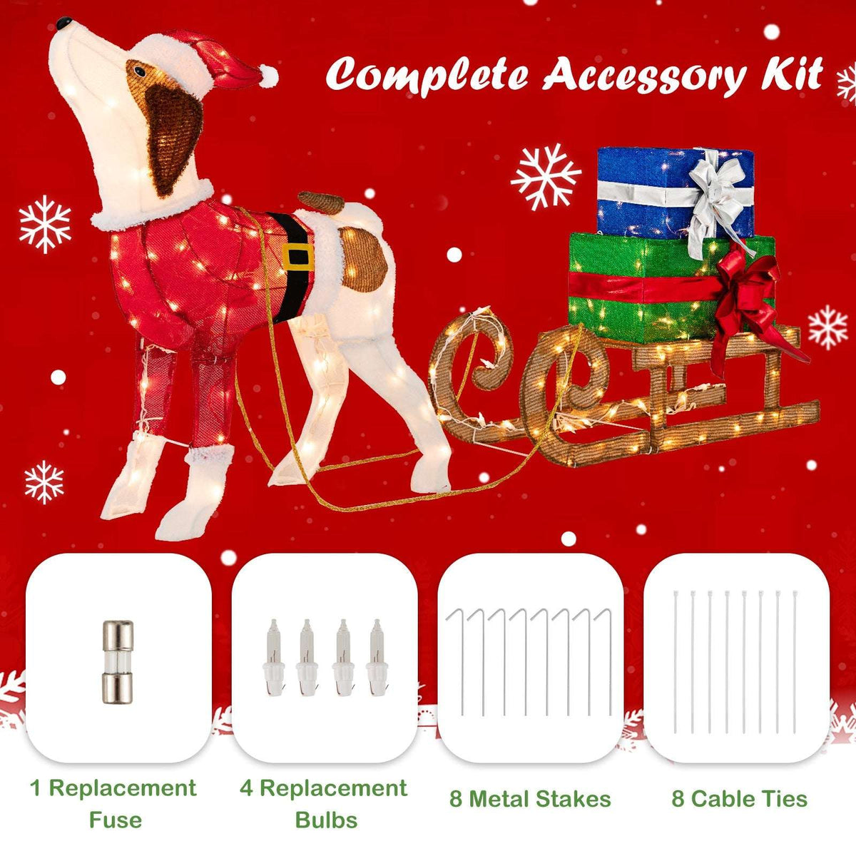 Pre-lit dog and sleigh decoration with replacement bulbs, fuse, metal stakes, and cable ties