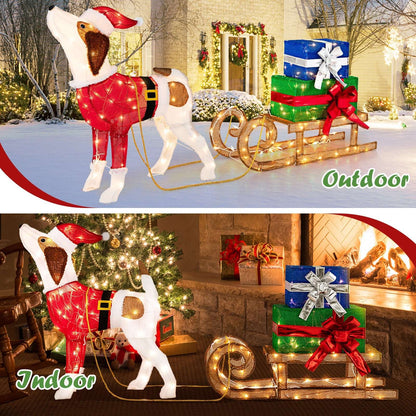 Illuminated dog and gift sleigh decoration shown for indoor and outdoor use