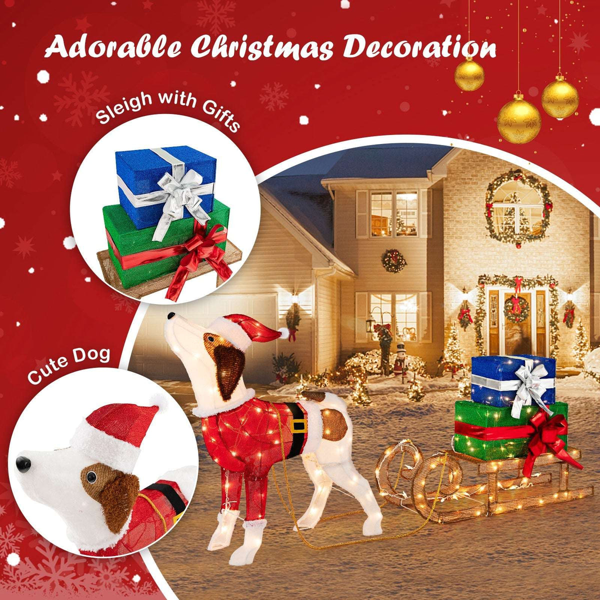 Christmas dog decoration with Santa hat, red coat, and spotted fur beside a lit gift sleigh