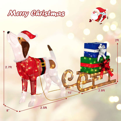 Pre-lit dog and sleigh decoration with gifts; dog is 2.7 feet tall and set is 2.8 feet long