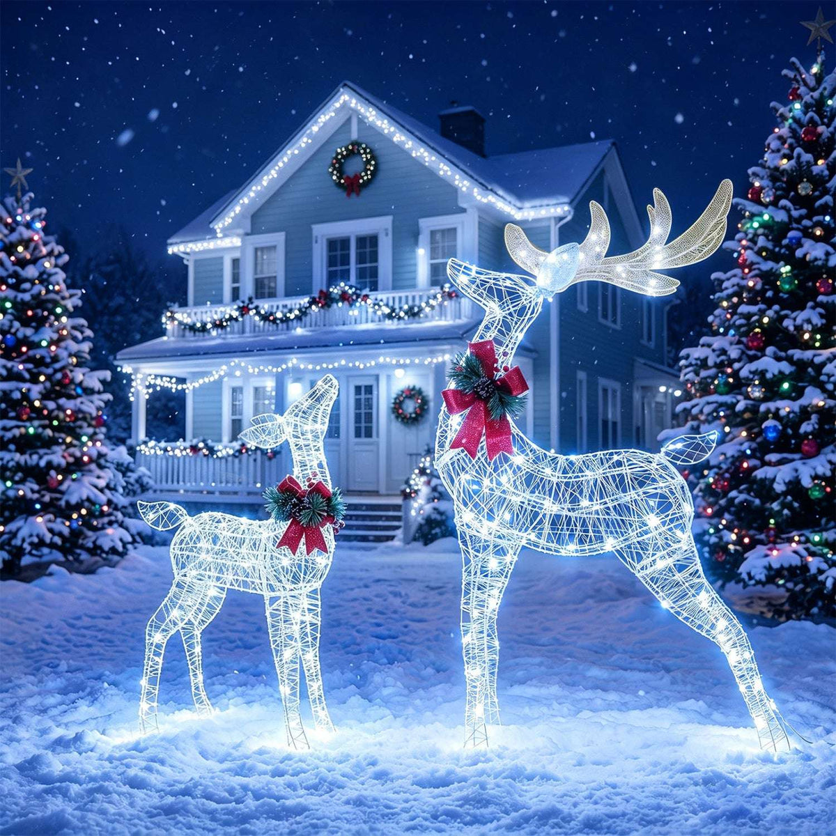 Set of two lighted wire reindeer with cold white LEDs and red bows