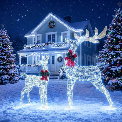 Set of two lighted wire reindeer with cold white LEDs and red bows