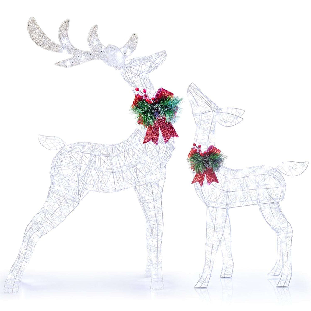 Two wire reindeer with cold white LEDs, glittering antlers, and red bows