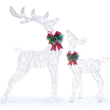 Two wire reindeer with cold white LEDs, glittering antlers, and red bows