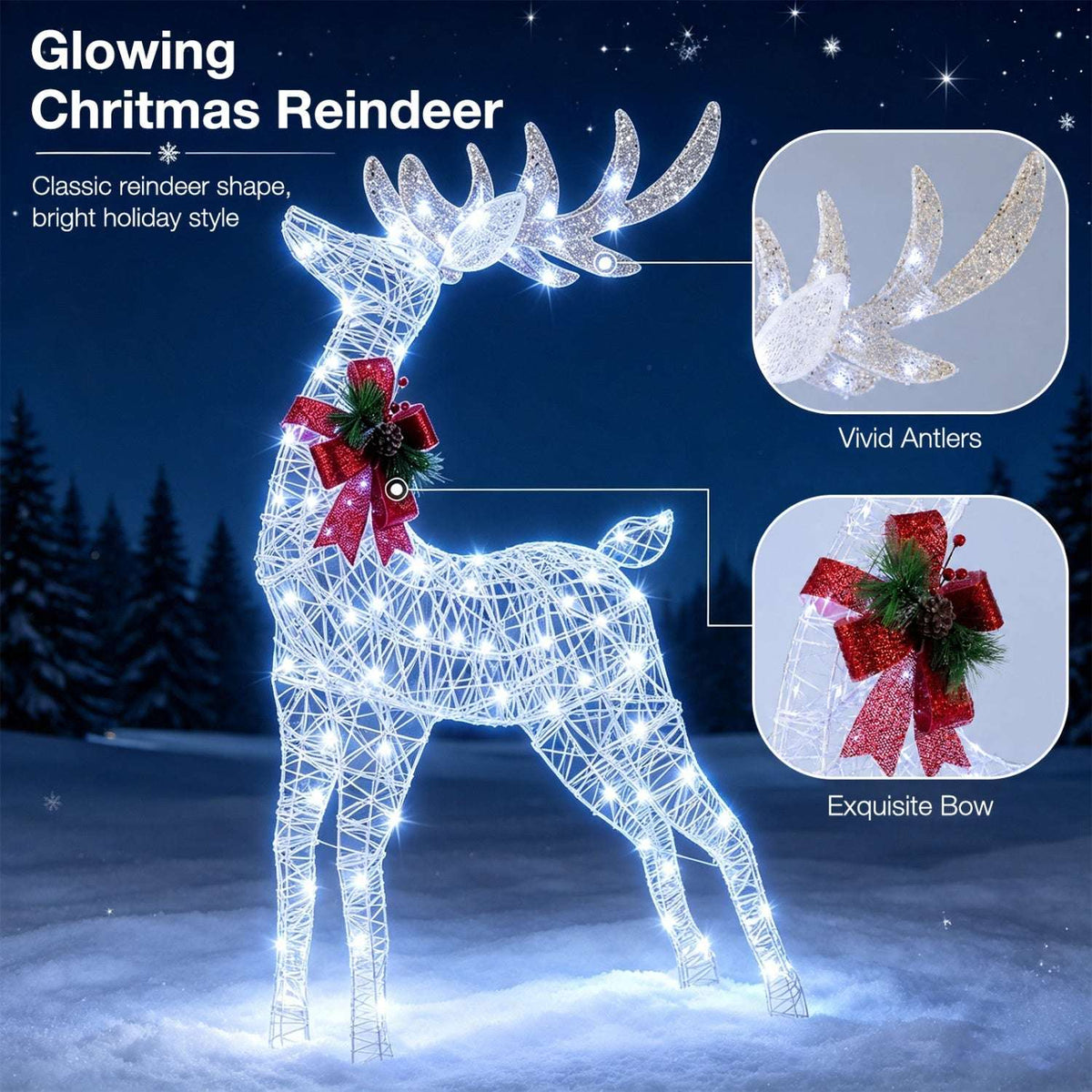 Lighted wire reindeer with branching antlers and decorative red bow