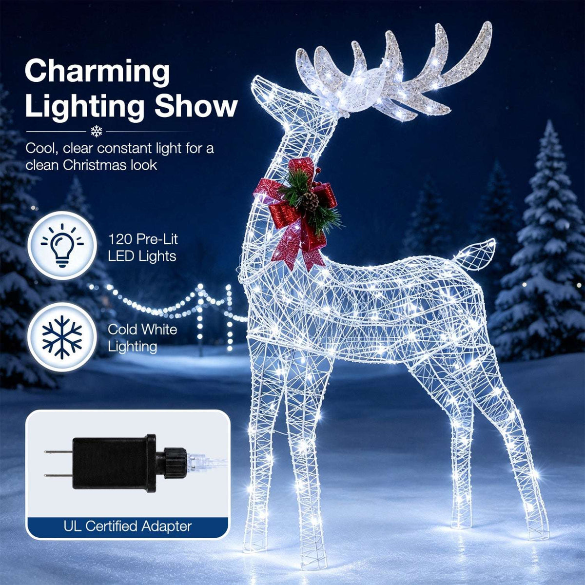 Lighted wire reindeer with cold white LEDs, red bow, and antlers