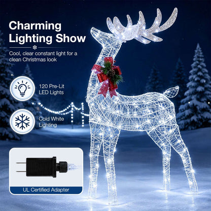 Lighted wire reindeer with cold white LEDs, red bow, and antlers