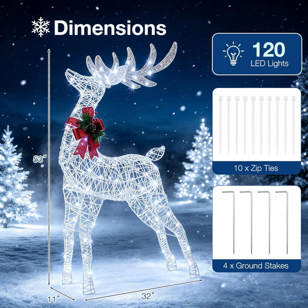 Lighted wire reindeer with antlers, red bow, and ground stakes