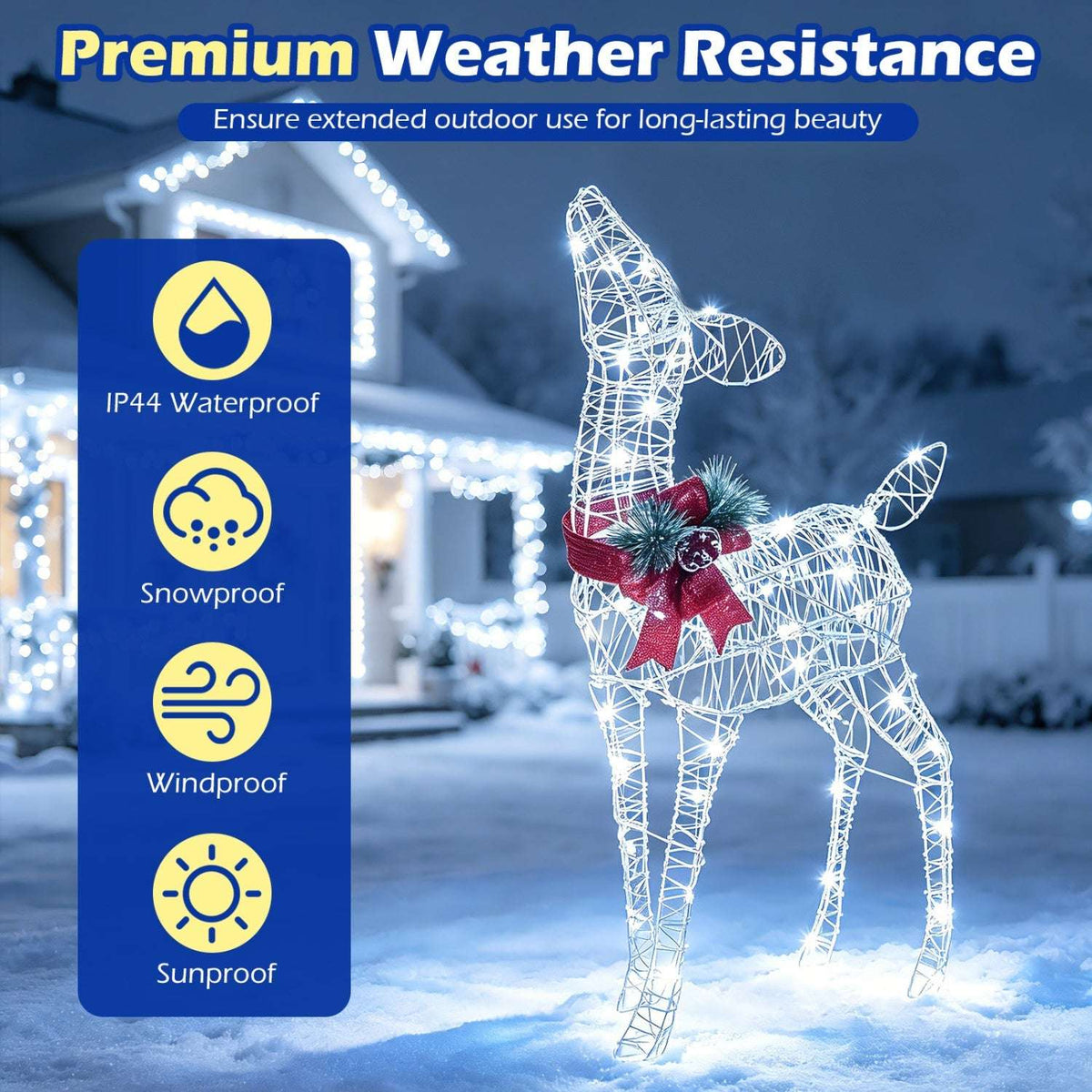 Outdoor lighted wire reindeer with red bow and upright antlers